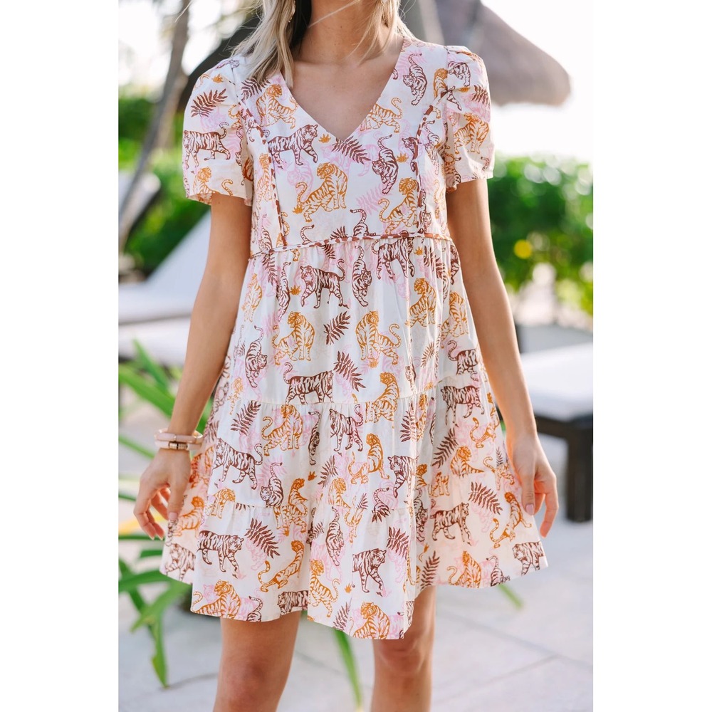 Umgee USA Women Tiger Palm Print Tiered Babydoll Mini‎ Dress V-Neck Cream Small